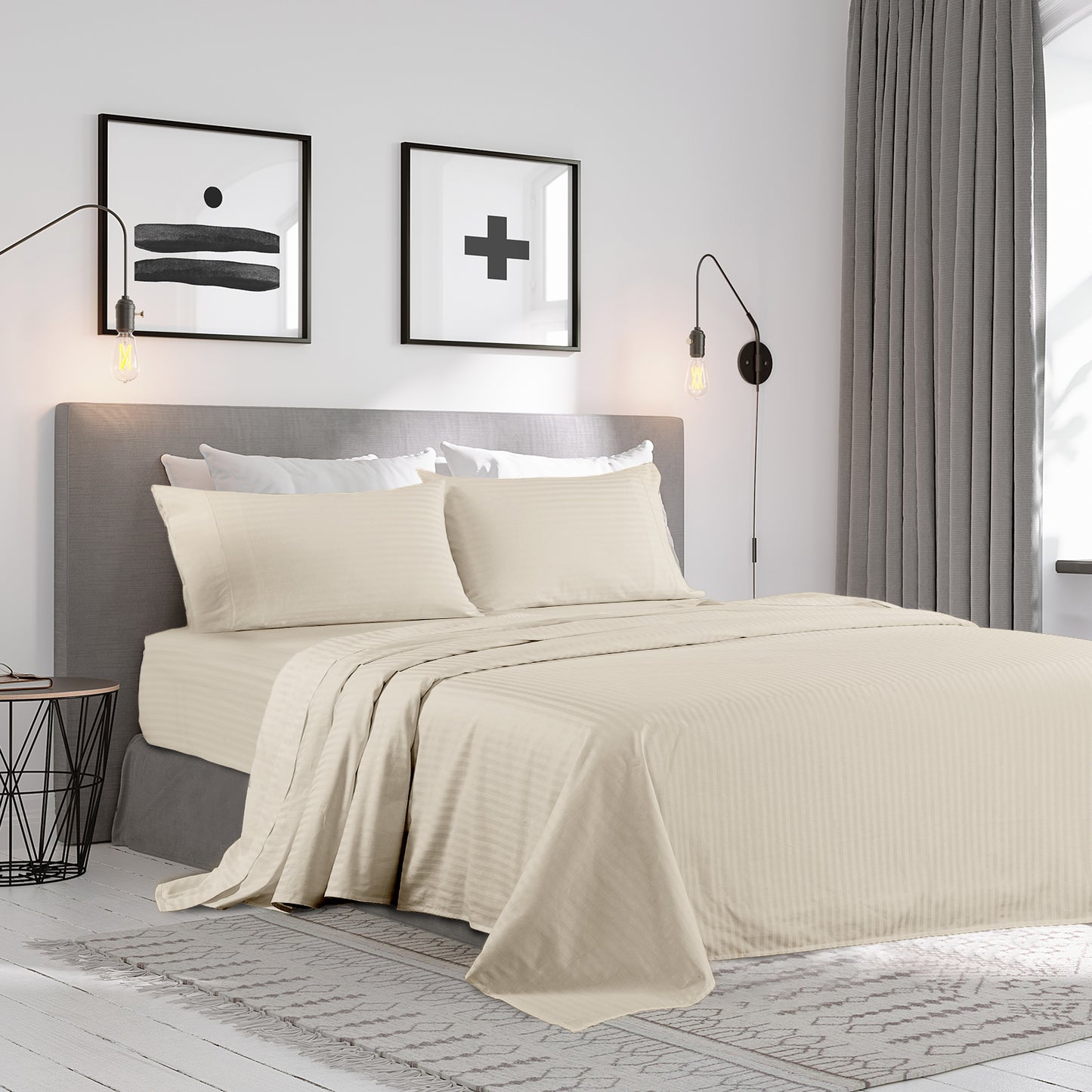 KENSINGTON 1200TC COTTON SHEET SET IN STRIPE-QUEEN - SAND