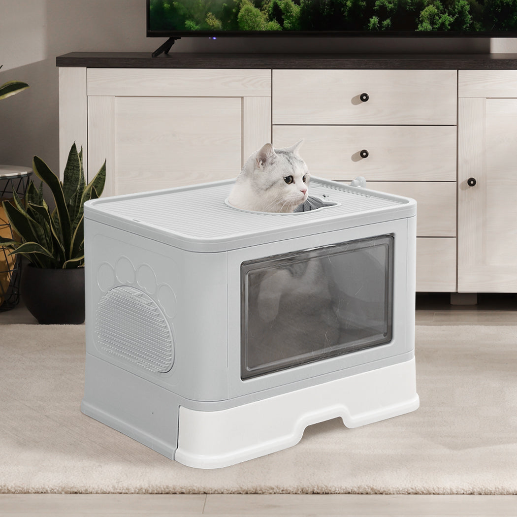 PaWz Foldable Cat Litter Box Tray Enclosed Grey-1942352746757885958