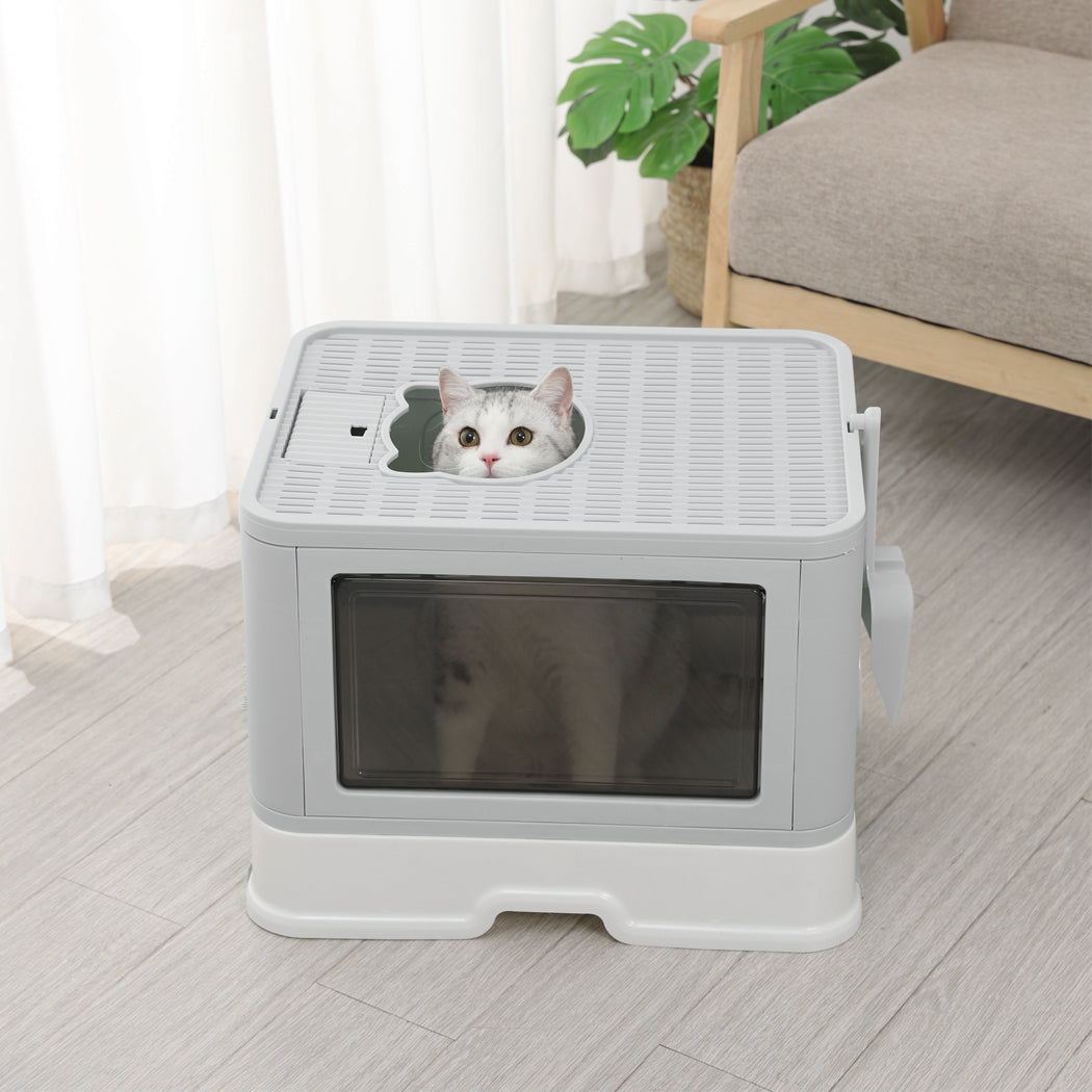 PaWz Foldable Cat Litter Box Tray Enclosed Grey-1942352746757885959
