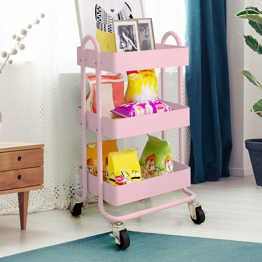 Levede 3 Tiers Kitchen Trolley Cart Pink