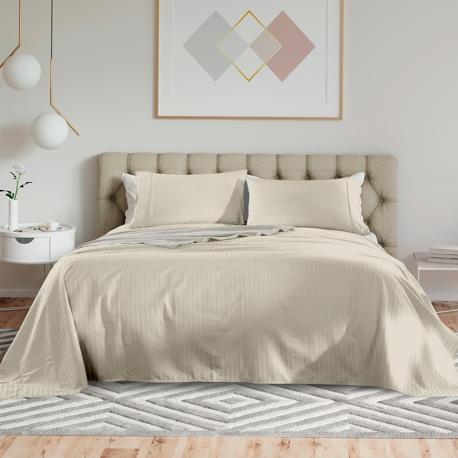 KENSINGTON 1200TC COTTON SHEET SET IN STRIPE-QUEEN -  SAND