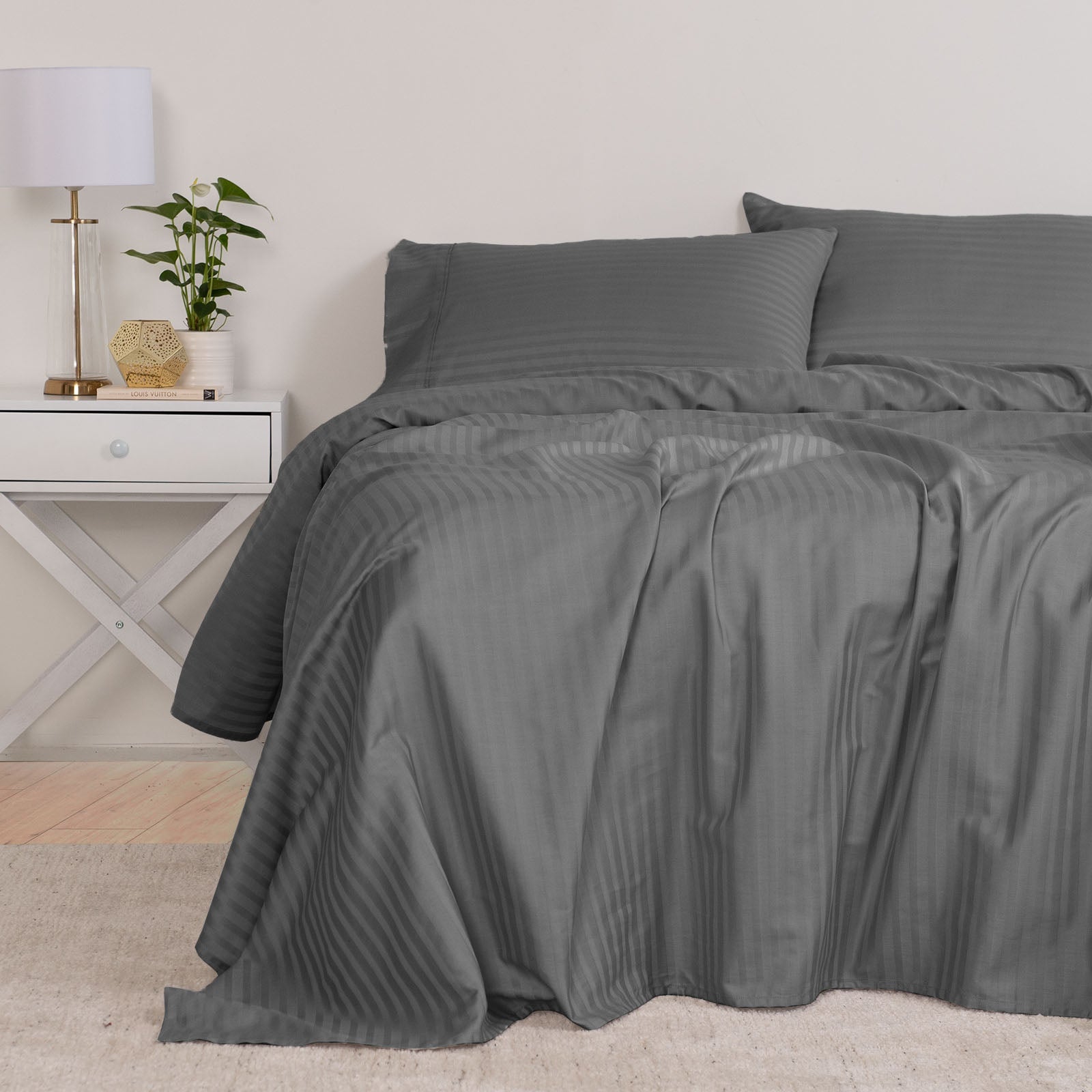 KENSINGTON 1200TC COTTON SHEET SET IN STRIPE-QUEEN - CHARCOAL