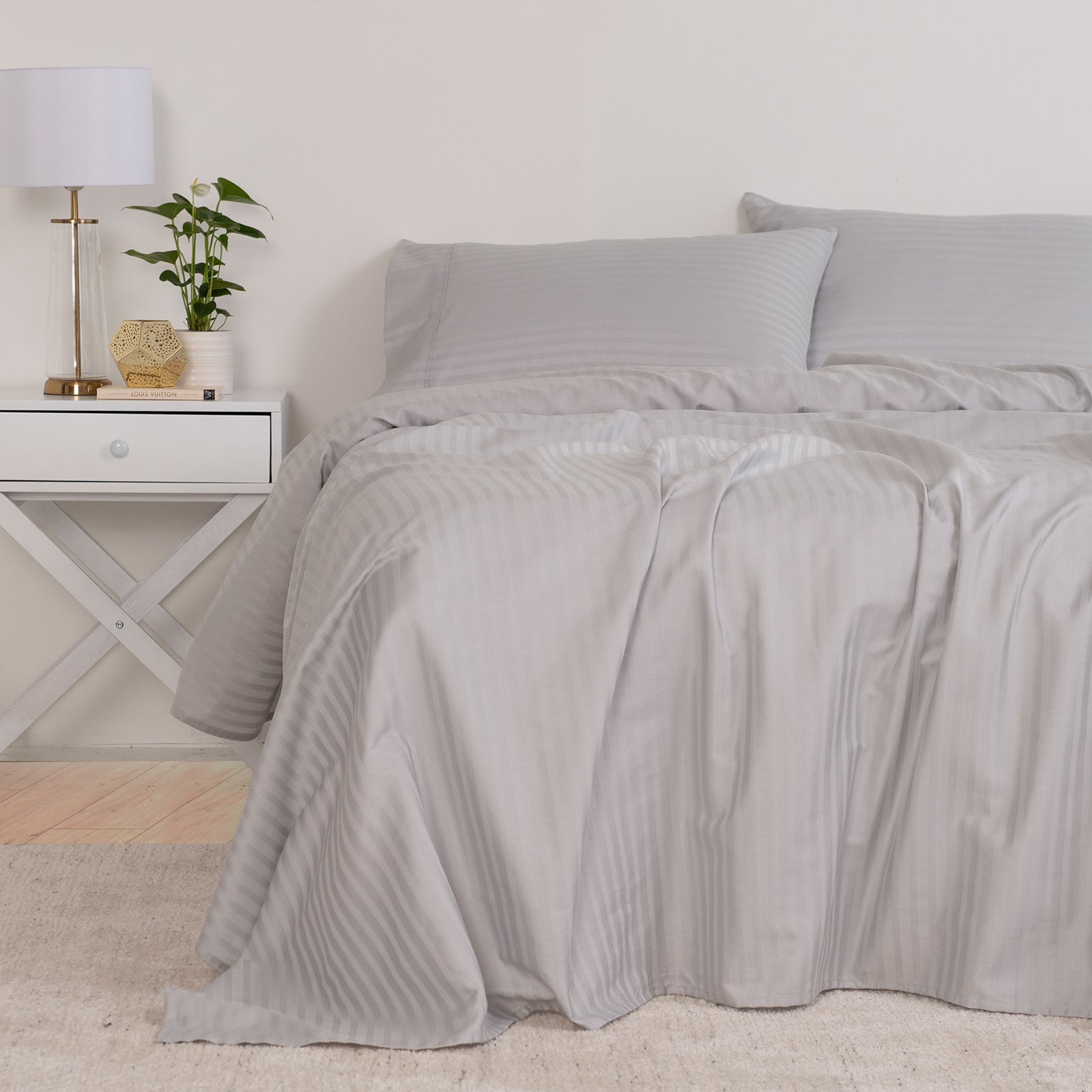 KENSINGTON 1200TC COTTON SHEET SET IN STRIPE- DOUBLE - SILVER (GREY)