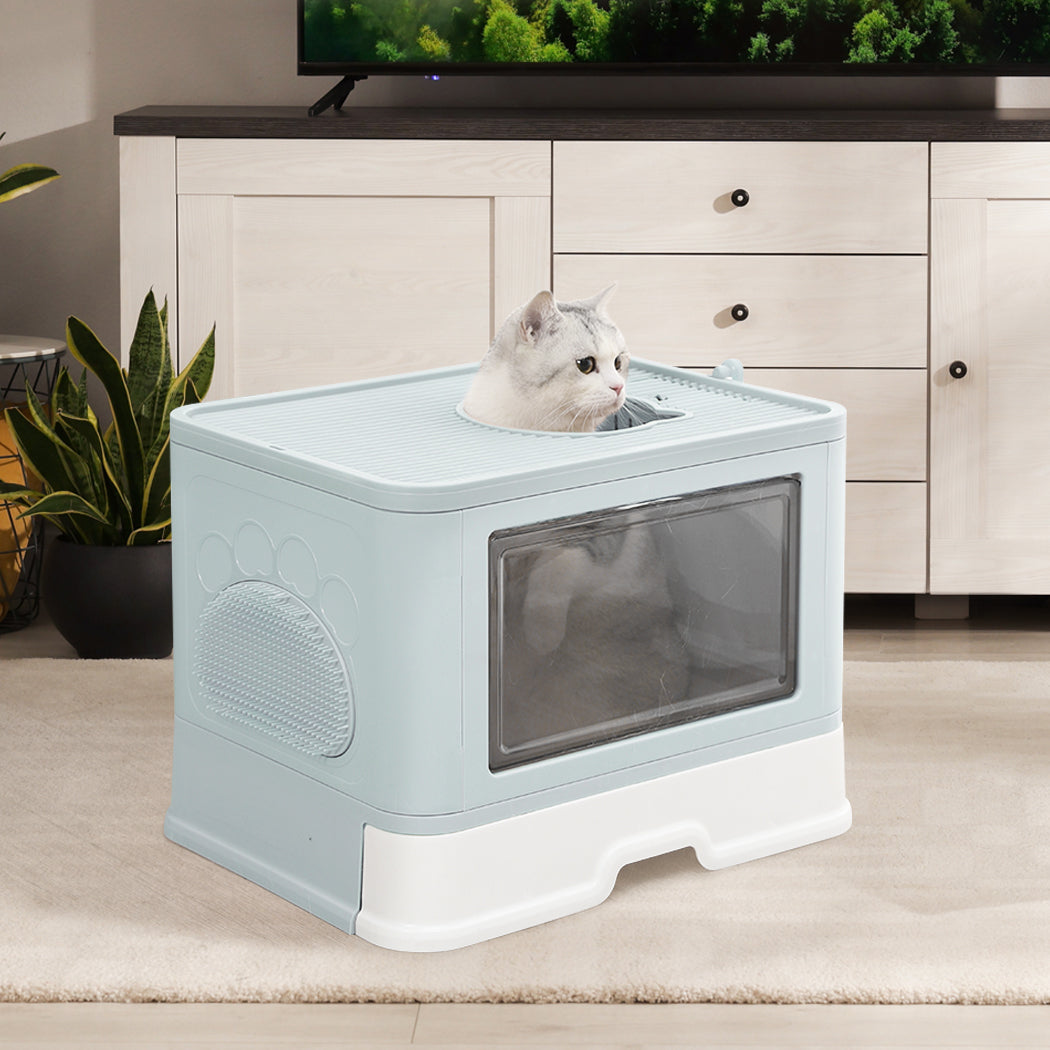 PaWz Foldable Cat Litter Box Tray Enclosed Blue-1942352746543976454