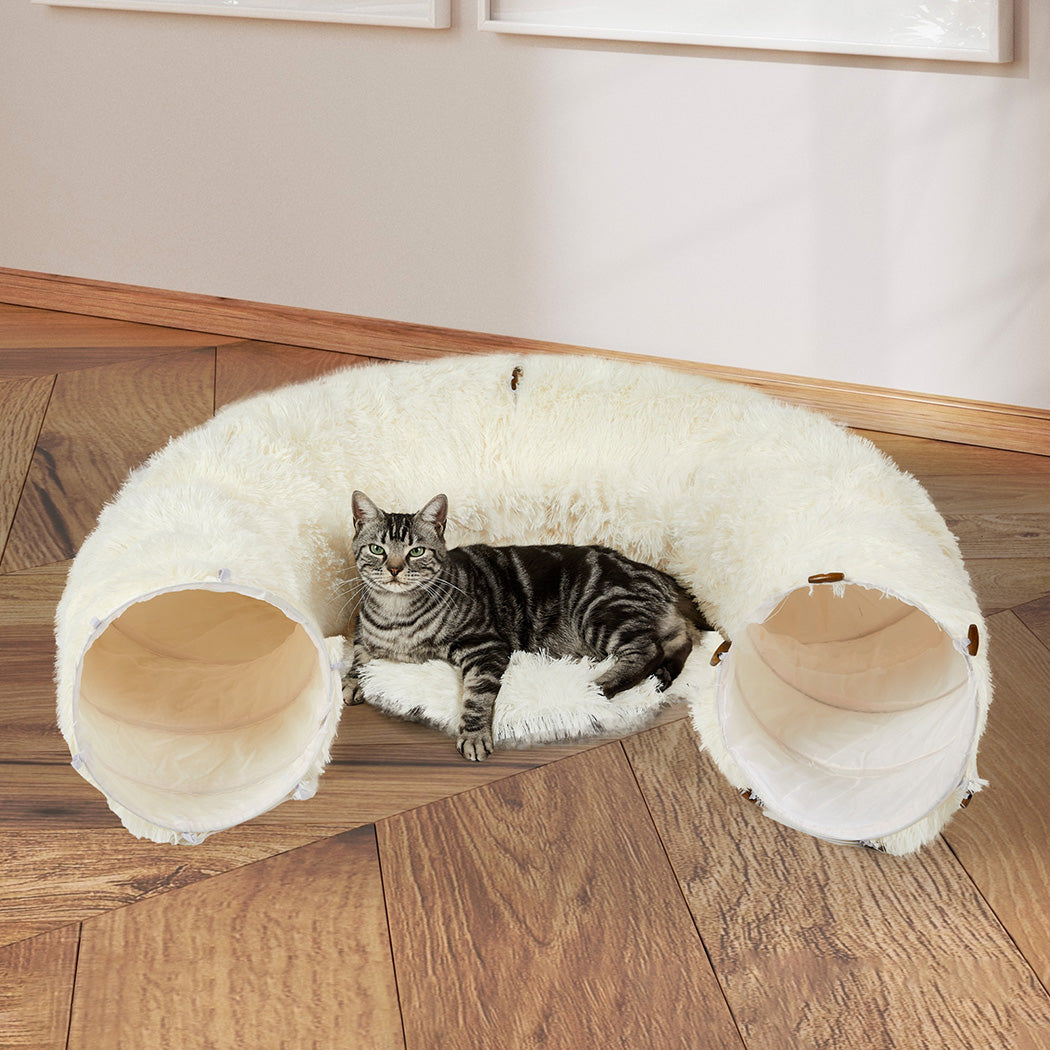 Pawz Cat Tunnel Foldable Fluffy Plush Play Tube Beige-1942353692070121479