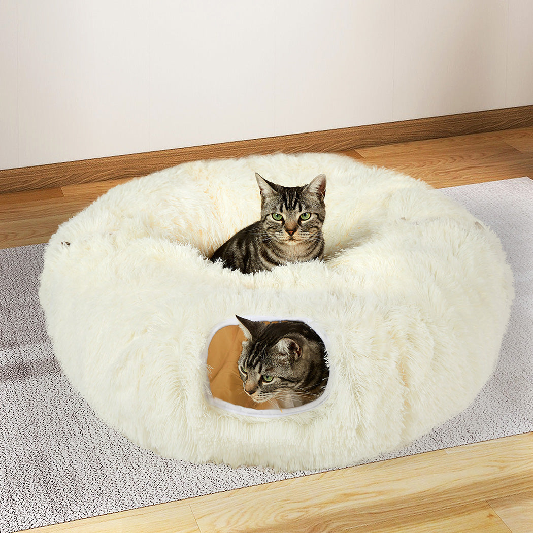 Pawz Cat Tunnel Foldable Fluffy Plush Play Tube Beige-1942353692070121478