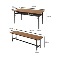 Levede 1x Dining Table +1x Bench Set Steel Home Kitchen Farmhouse Brown