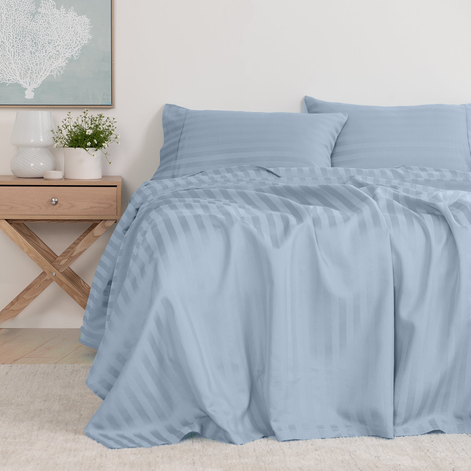 KENSINGTON 1200TC COTTON SHEET SET IN STRIPE-KING - CHAMBRAY (BLUE)