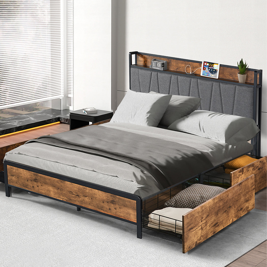 Levede Queen Bed Frame Soft Storage Drawers Headboard USB Charge