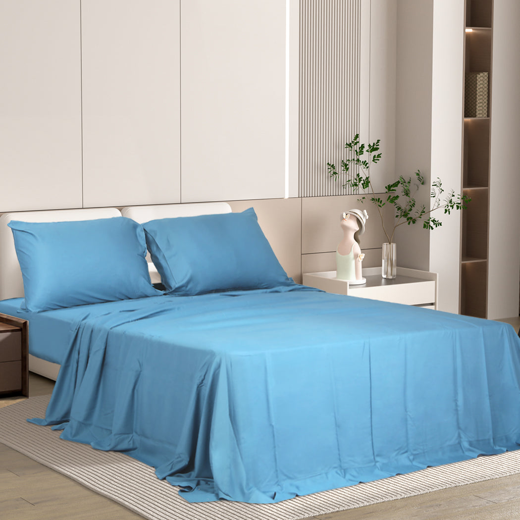 Dreamz 4pcs Double Size 100% Bamboo Bed Sheet Set in Blue Colour