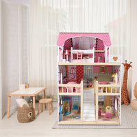 Bopeep Wooden Doll House 3 Floor Kids Girl Dollhouse Full Furniture Pink 90cm