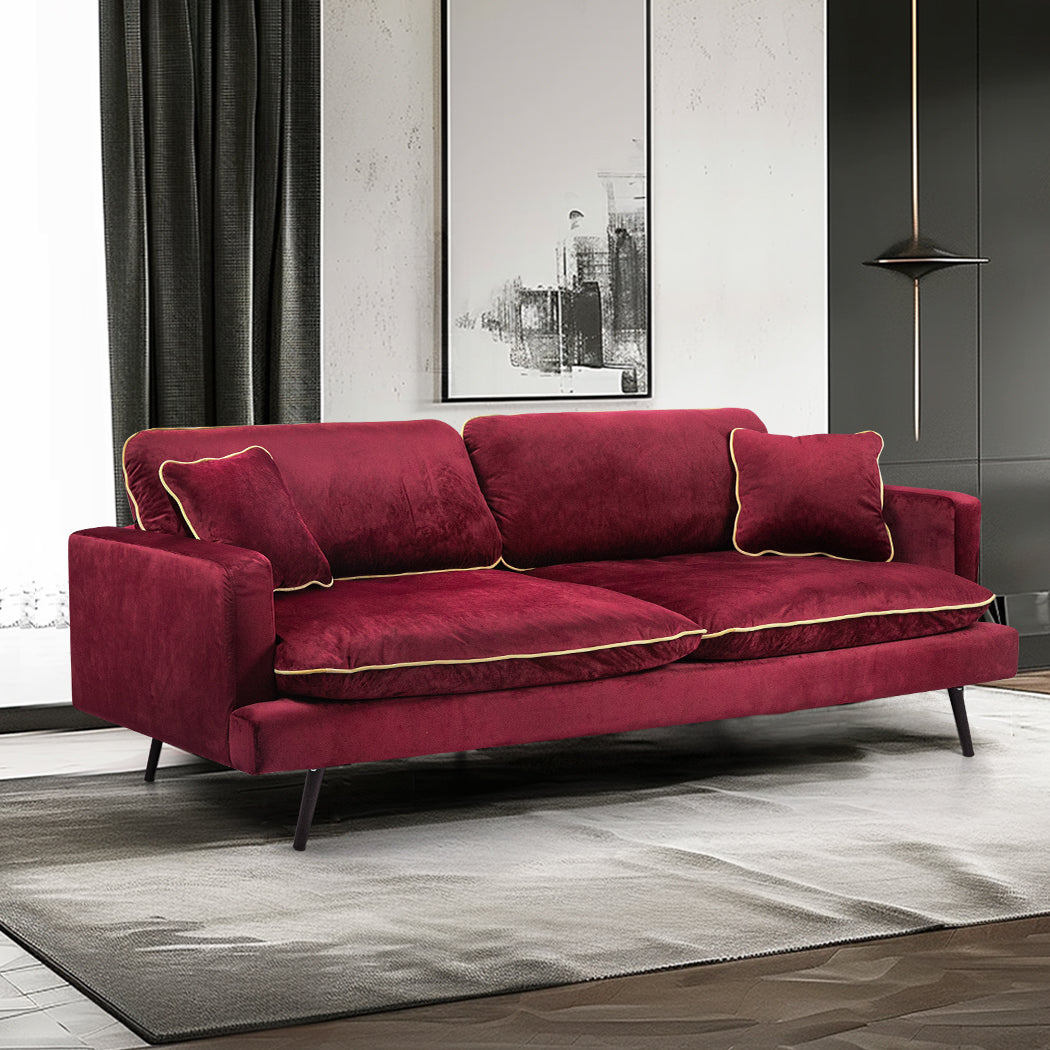 Levede Velvet Sofa Armchair 3 Seater Couch Red 210cm Wide