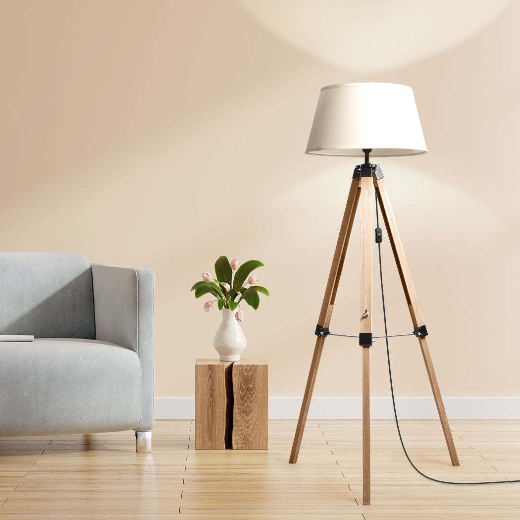 EMITTO Tripod Wooden Floor Lamp Shaded Natural