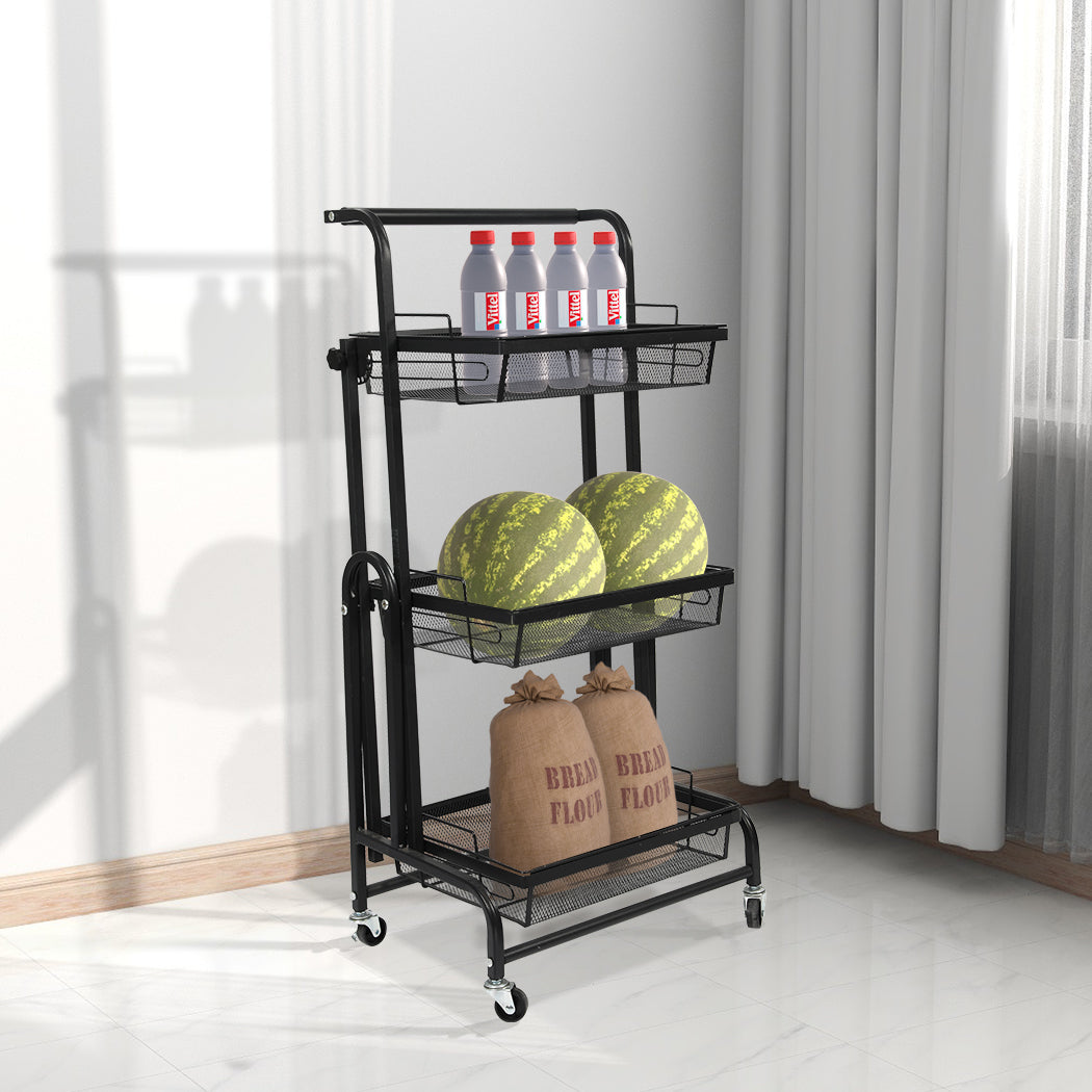 Levede 3 Tier Kitchen Trolley Cart Swivel Black Colour