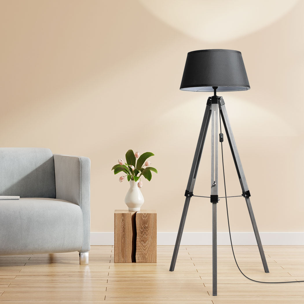 EMITTO Tripod Wooden Floor Lamp Shaded Grey