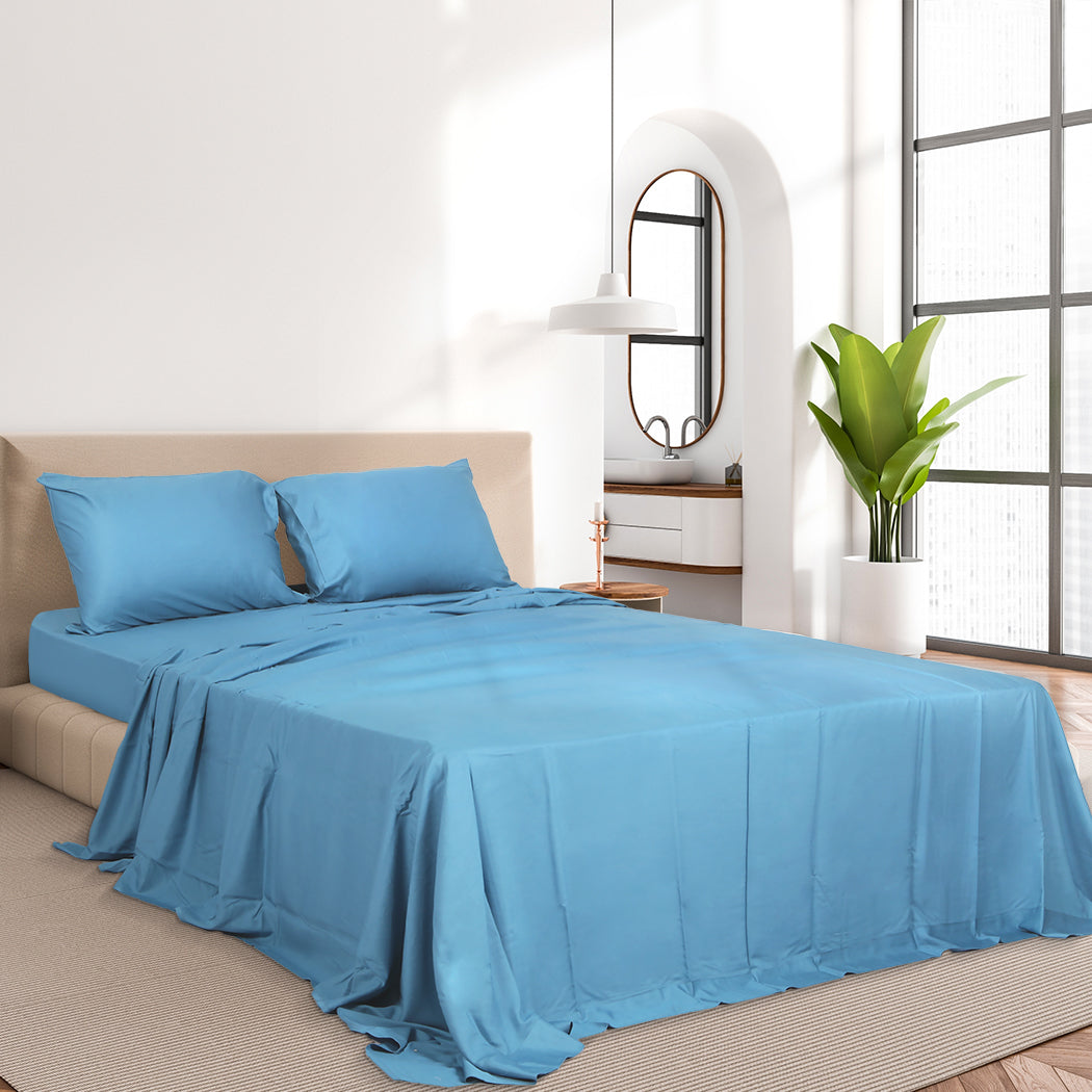 Dreamz 4pcs King Size 100% Bamboo Bed Sheet Set in Blue Colour