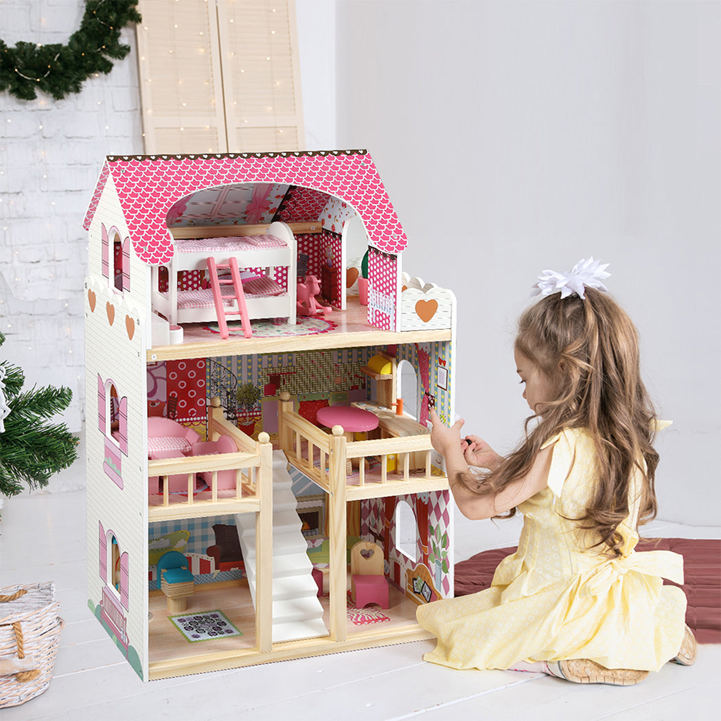 Bopeep Wooden Doll House 3 Floor Kids Girl Dollhouse Full Furniture Pink 90cm