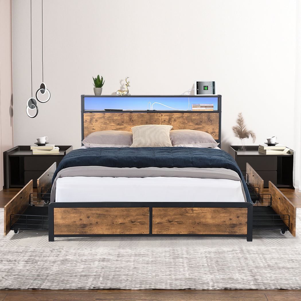 Levede Queen Bed Frame RGB LED 4 Drawers USB