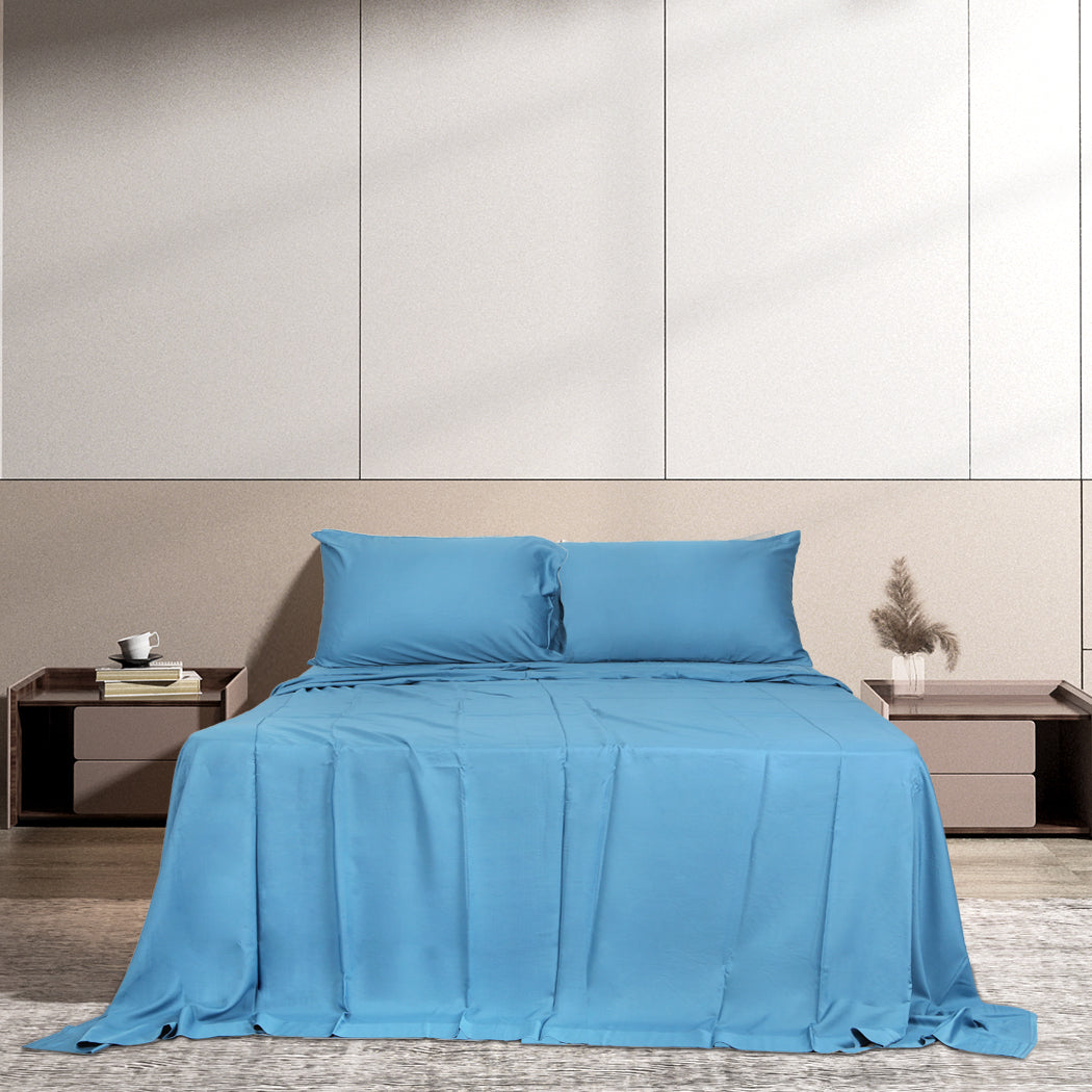 Dreamz 4pcs Double Size 100% Bamboo Bed Sheet Set in Blue Colour