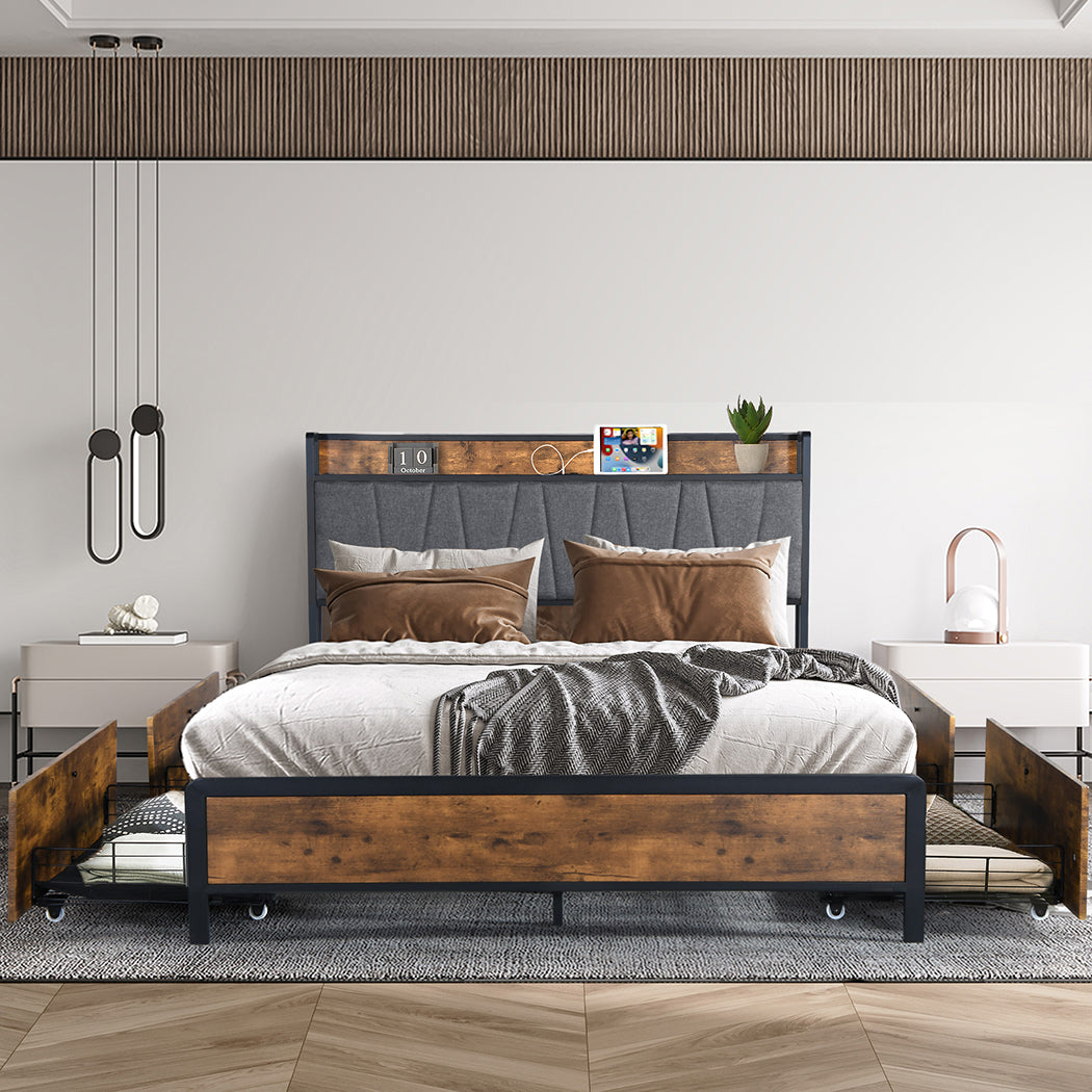 Levede Queen Bed Frame Soft Storage Drawers Headboard USB Charge