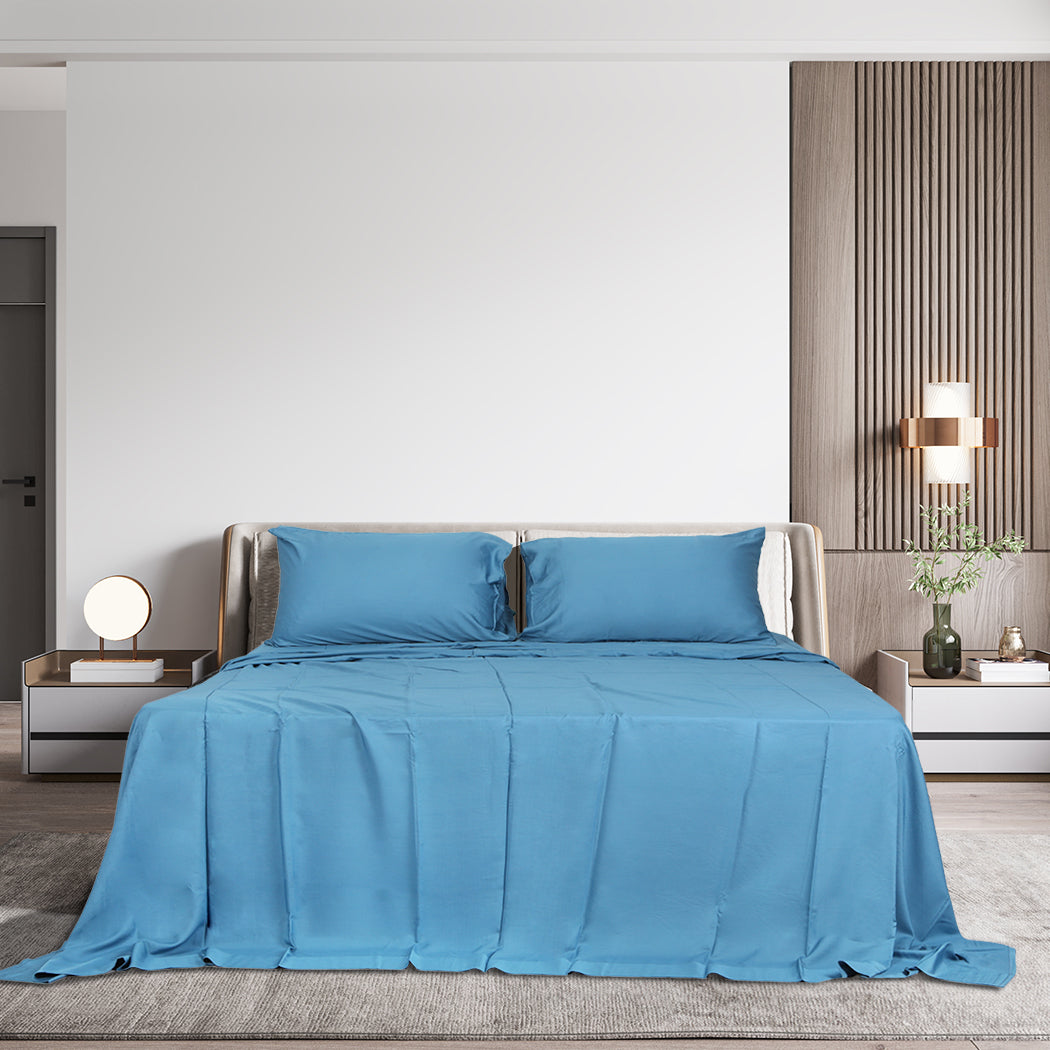 Dreamz 4pcs King Size 100% Bamboo Bed Sheet Set in Blue Colour