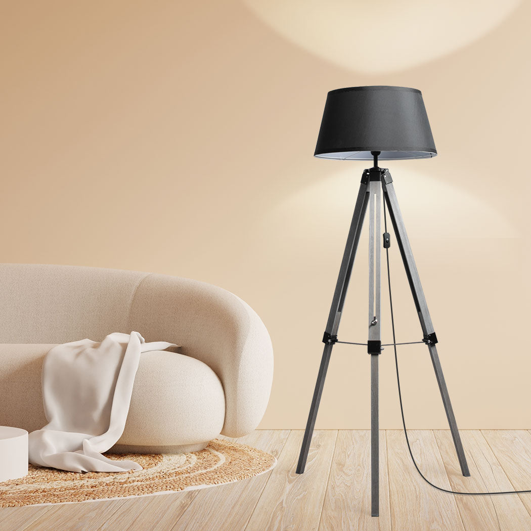 EMITTO Tripod Wooden Floor Lamp Shaded Grey