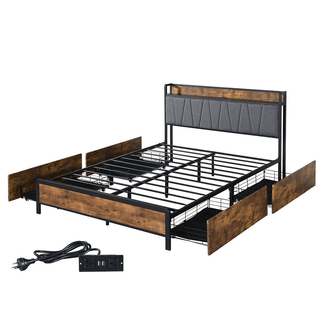 Levede Queen Bed Frame Soft Storage Drawers Headboard USB Charge