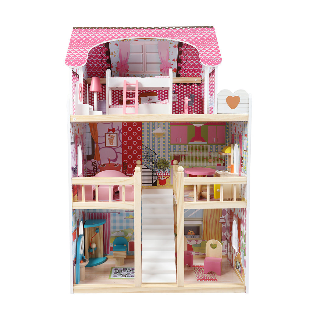 Bopeep Wooden Doll House 3 Floor Kids Girl Dollhouse Full Furniture Pink 90cm