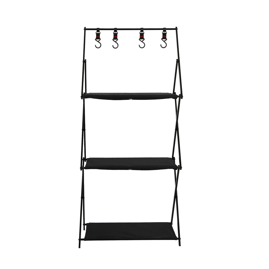 Levede Foldable Camping Storage Shelves 3 Layer with Hooks Black