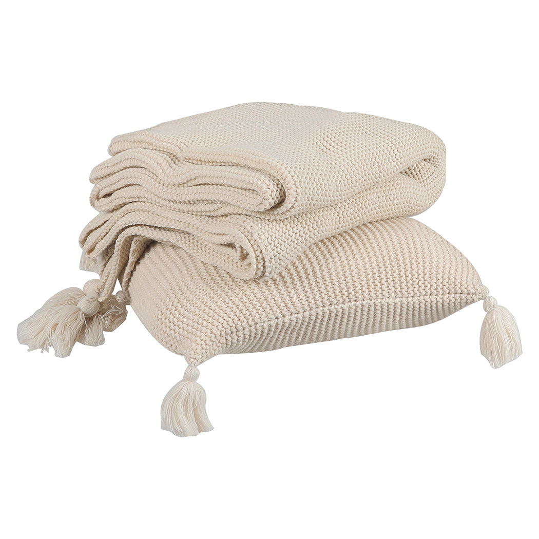 DreamZ Knitting Throw Blanket Cushion Beige