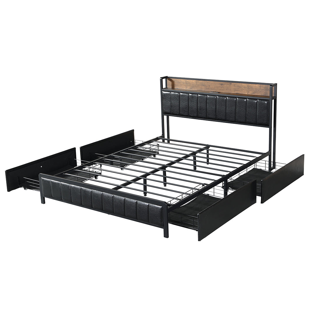 Levede Queen Bed Frame PU 4 Drawer USB Charge