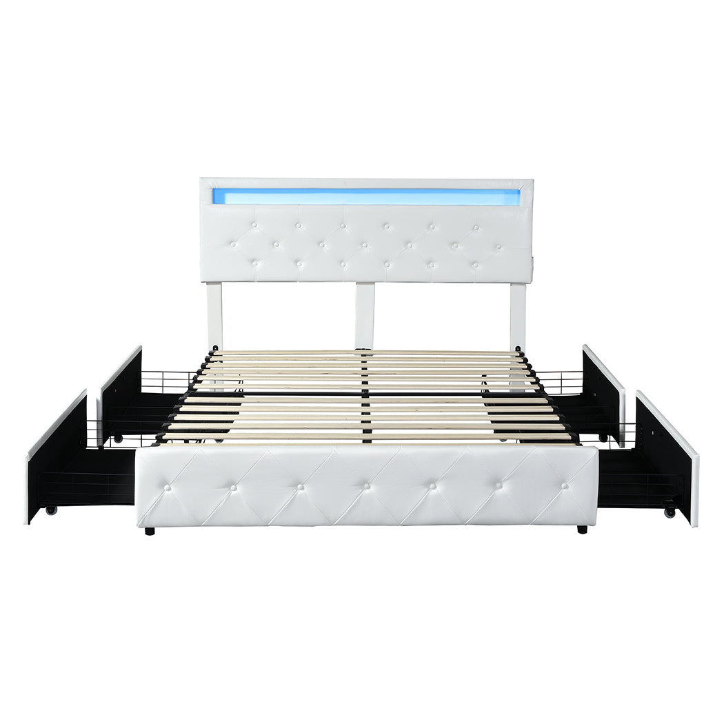Levede Queen Bed Frame RGB LED PU 4 Drawer USB