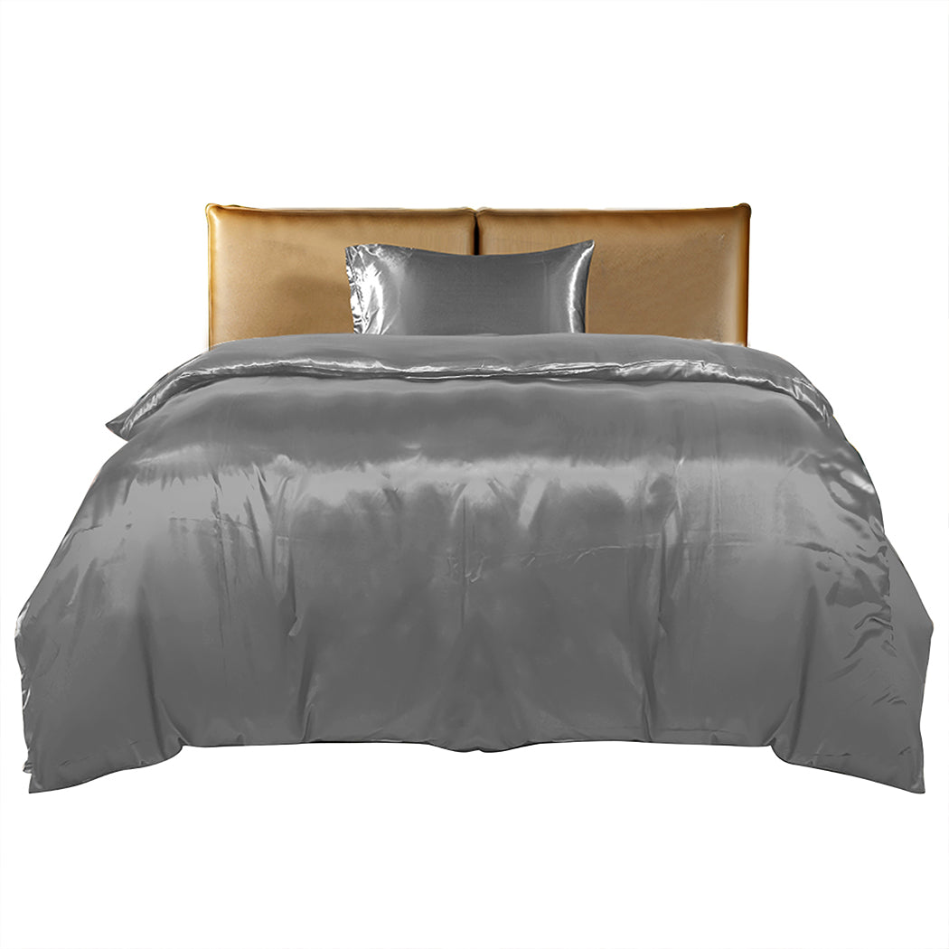 DreamZ Silky Satin Quilt Cover Set Bedspread Dark Grey Single