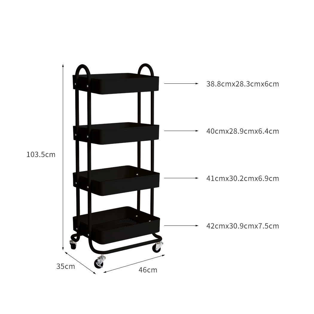 Levede 4 Tiers Kitchen Trolley Cart Black