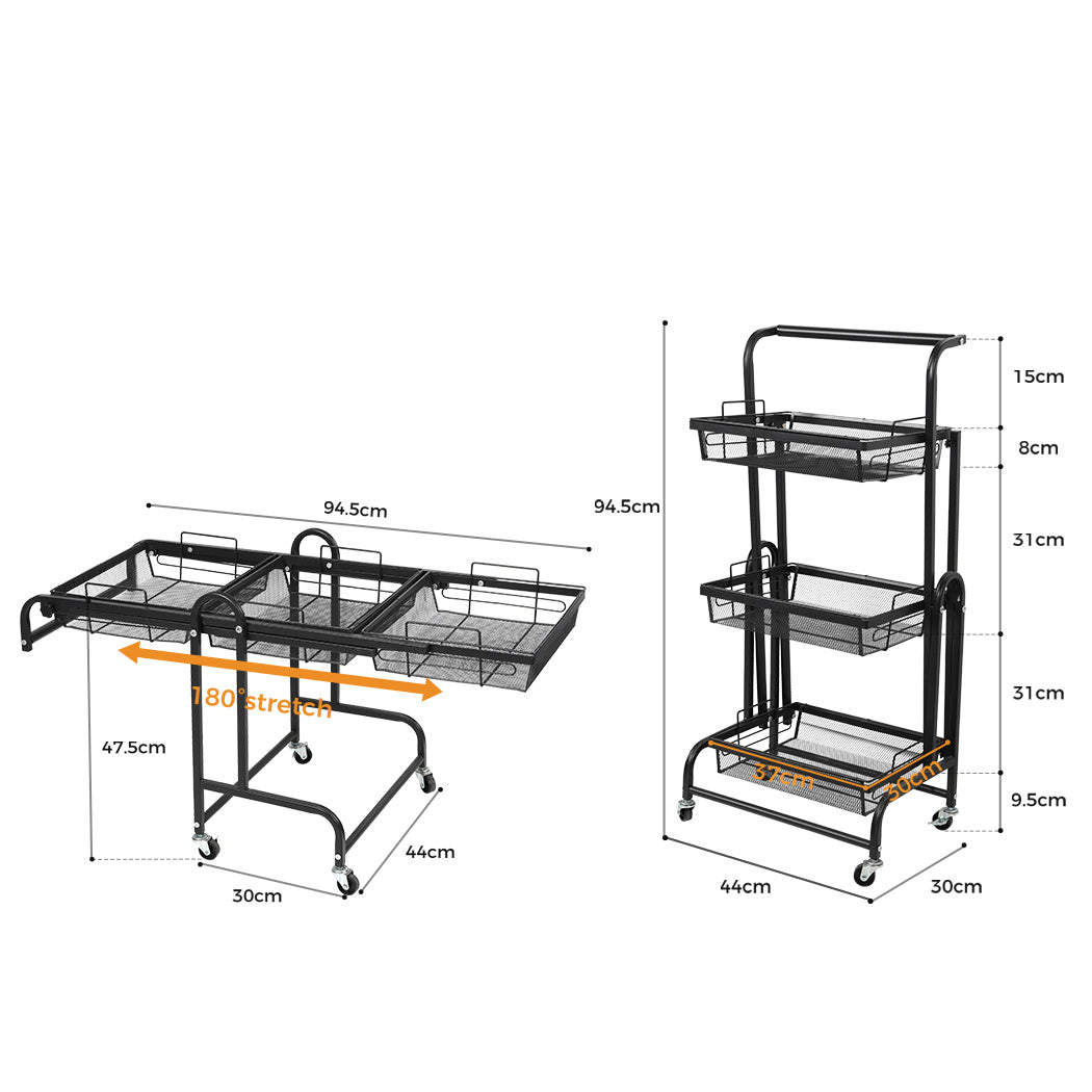 Levede 3 Tier Kitchen Trolley Cart Swivel Black Colour