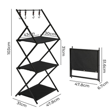 Levede Foldable Camping Storage Shelves 3 Layer with Hooks Black