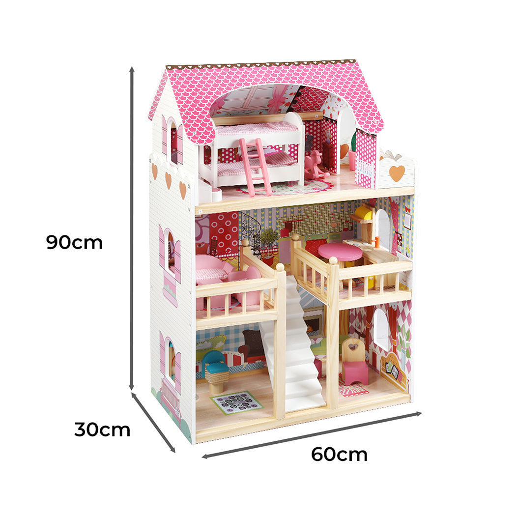 Bopeep Wooden Doll House 3 Floor Kids Girl Dollhouse Full Furniture Pink 90cm