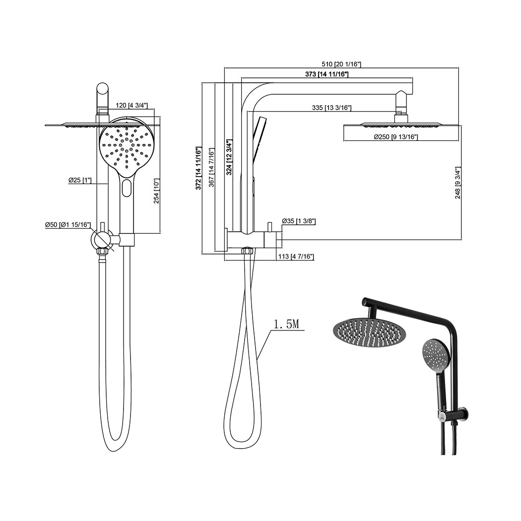 High Pressure Shower Head Set Rain Round Black