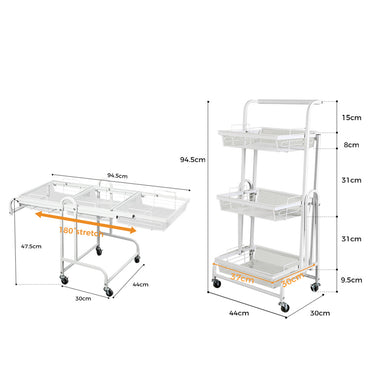 Levede 3 Tier Kitchen Trolley Cart Swivel White Colour